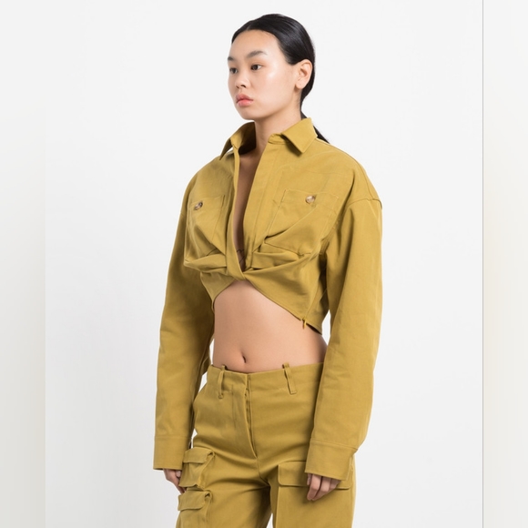 OFF WHITE Twist Crop Cotton Blend Cargo Shirt In Sage Green IT 44 US 8 Org$1075